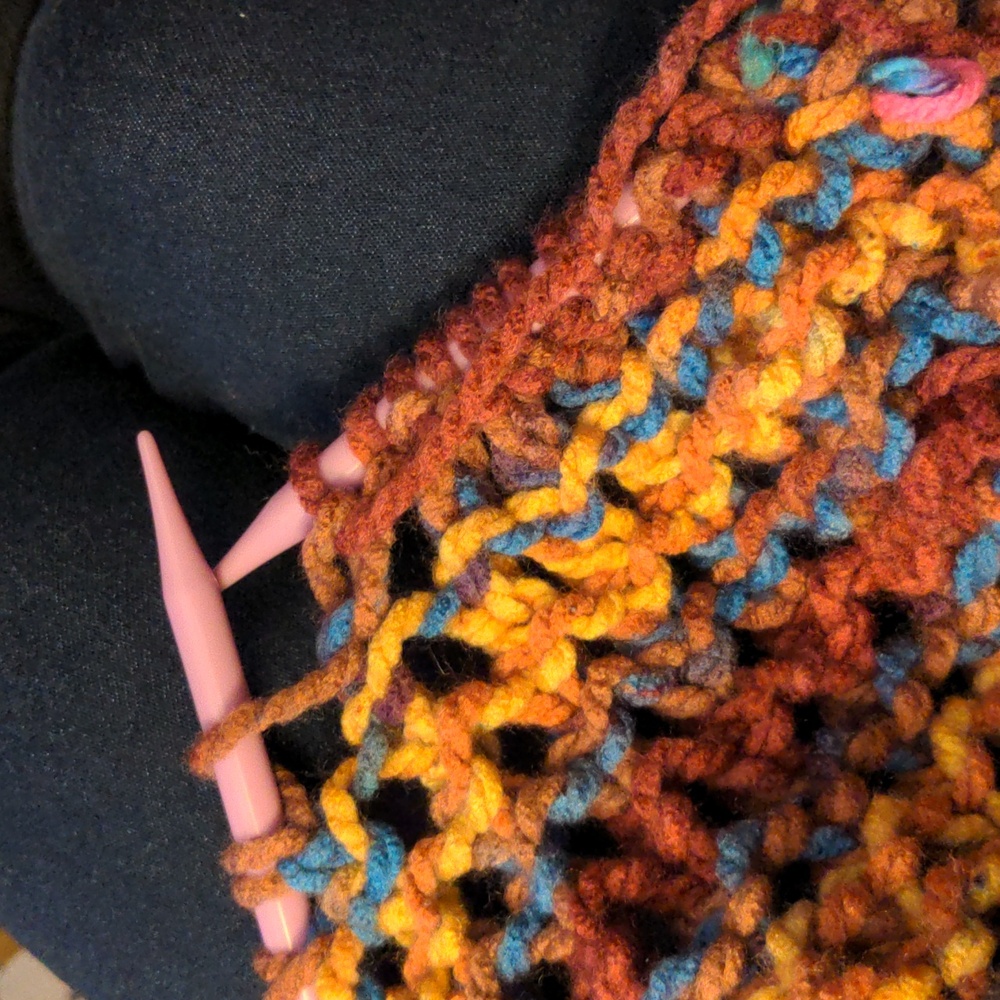 Handmade Knit Variegated Acrylic Multicolor Shawl Wrap Scarf Blue Rust - Picture 9 of 15
